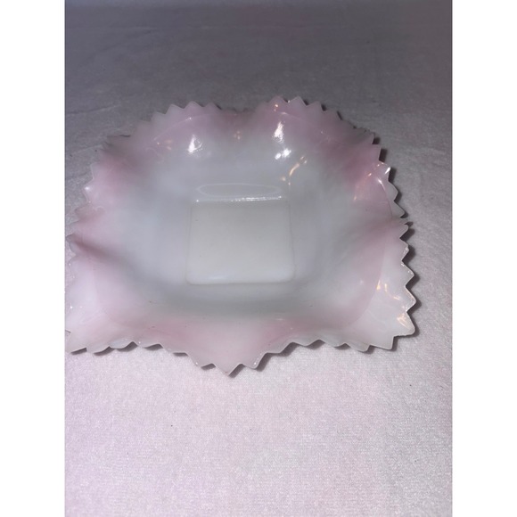 Fenton Other - Fenton Pink Crest Hobnail Milk Glass Square Ruffled Bowl Vintage Sawtooth Edge